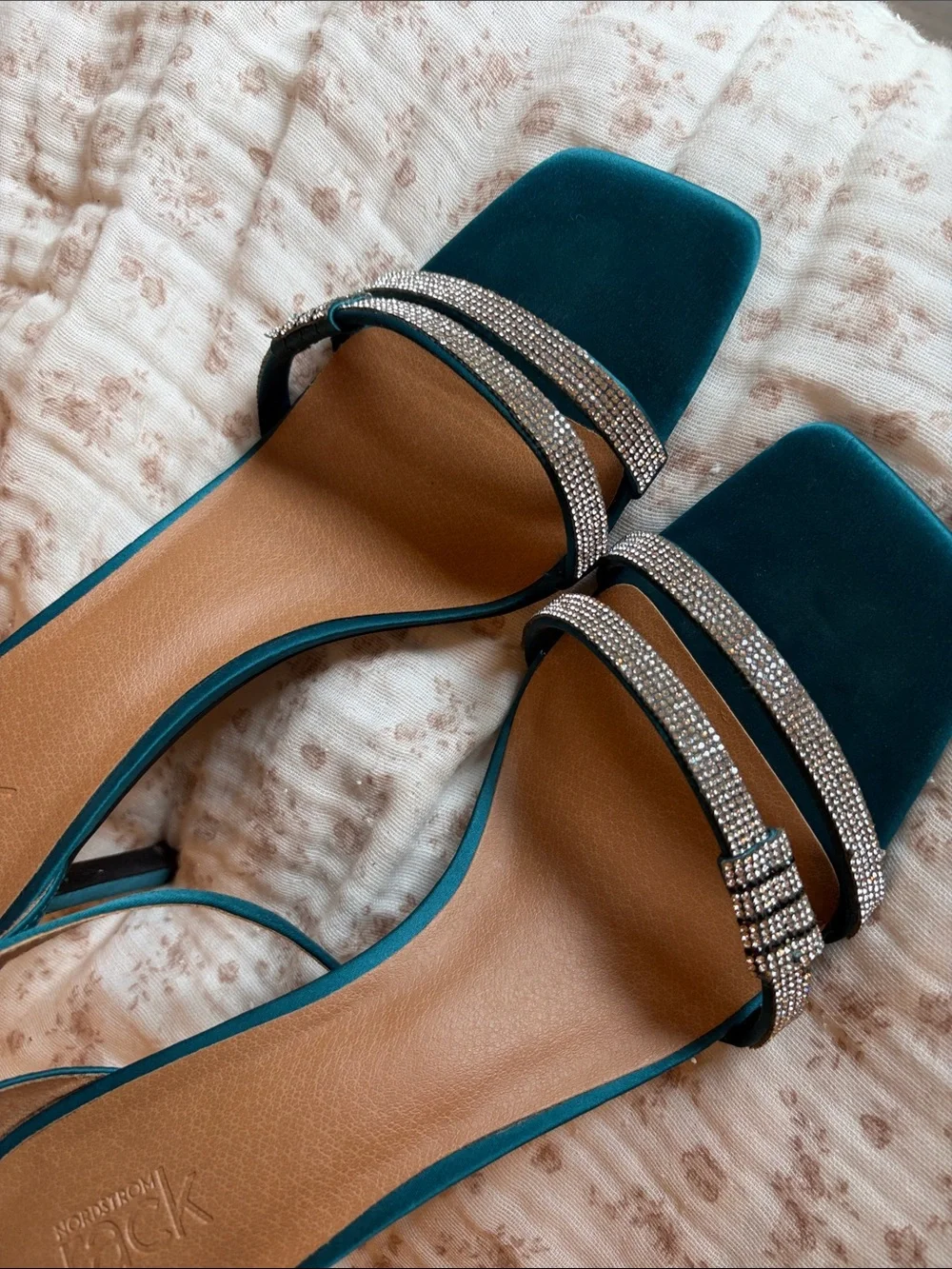 Teal Satin Ankle-Strap Evening Heels with Crystal Accent
